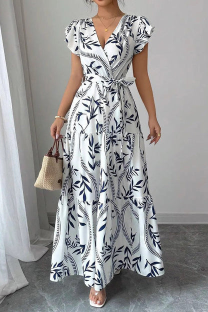 Floral Ruffle V-Neck Slim Maxi Dress Lavish Daily