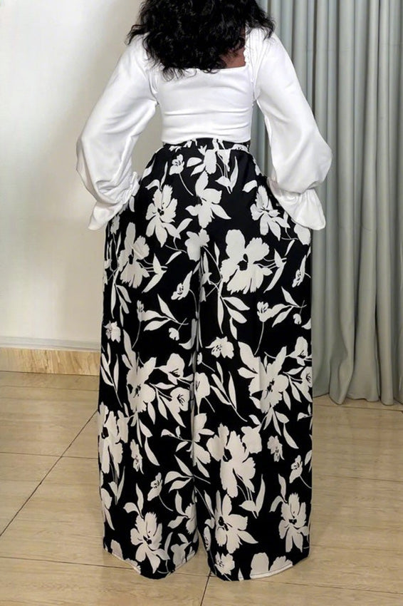 Long Sleeve Top and Printed Wide Leg Pants Set Lavish Daily