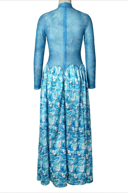 Mock Neck Mesh Floral Maxi Dress Lavish Daily