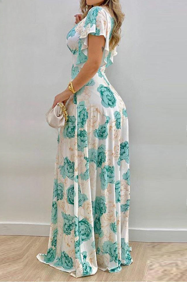 Elegant V-Neck Cinched Waist Print Maxi Dress Lavish Daily