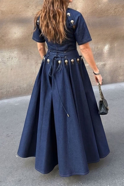 Statement Button Denim Top & Skirt Set Lavish Daily