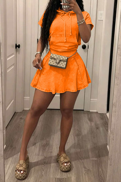 Mineral Wash Short Sleeve Hoodie & Skater Skirt Set Lavish Daily
