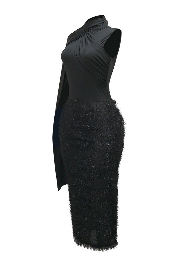 Sleeveless Round Neck Fuzzy Panel Maxi Dress Lavish Daily