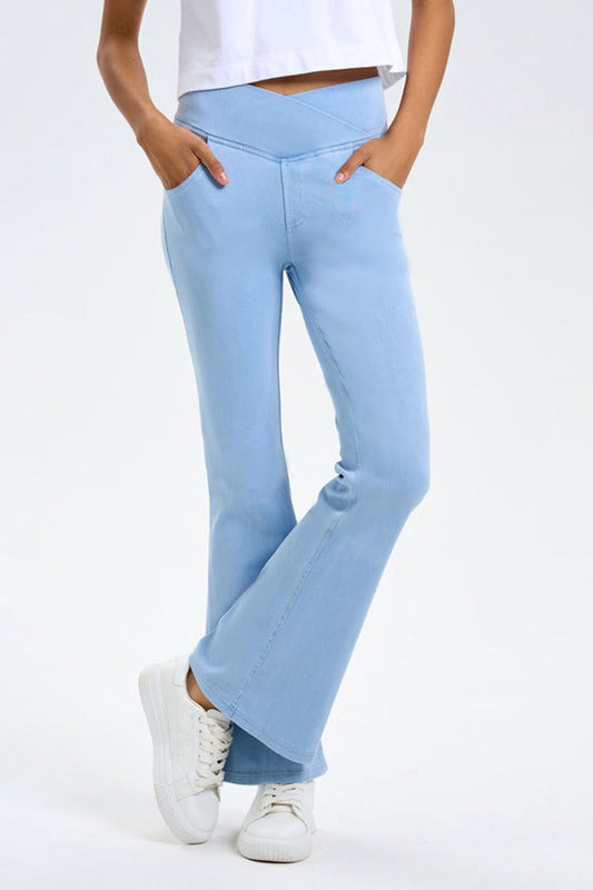 High-Stretch Crossover Flare Yoga Jeans LavishDaily