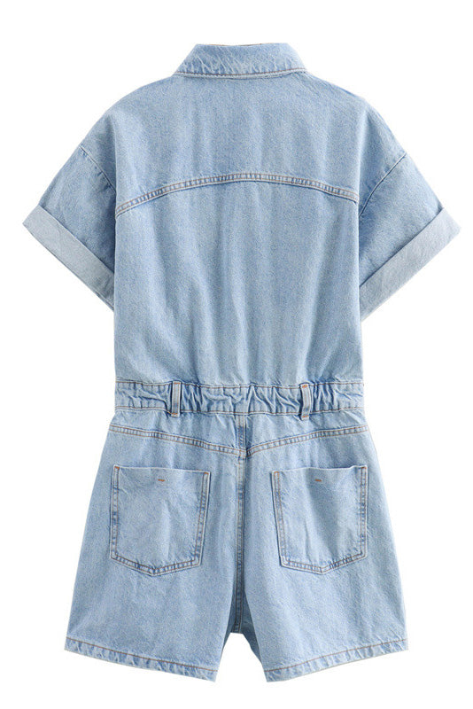 Denim Short Sleeve Romper with Pockets Lavish Daily
