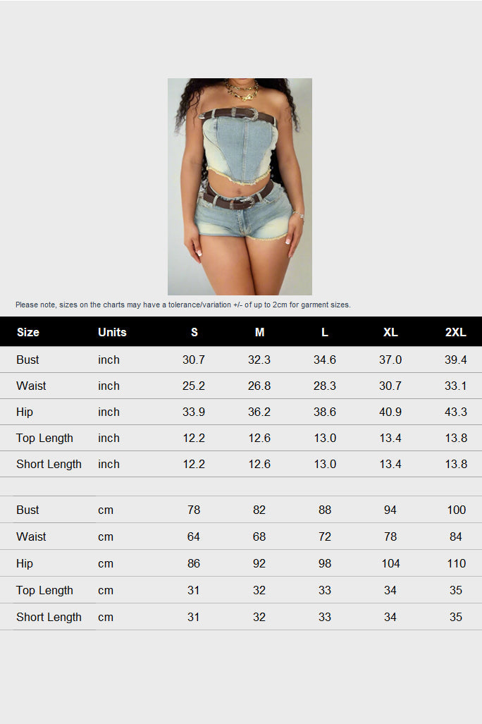 Strapless Denim Tube Top Frayed Belted Shorts Set Lavish Daily