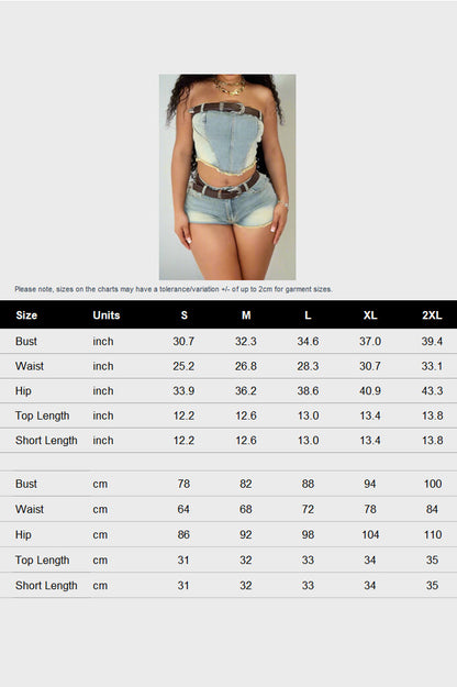 Strapless Denim Tube Top Frayed Belted Shorts Set Lavish Daily