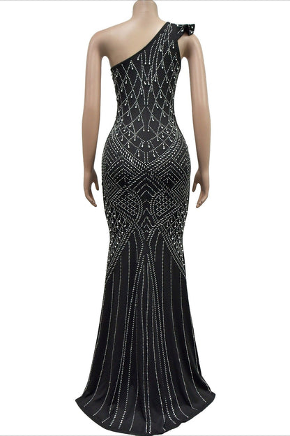 One-Shoulder Rhinestone Maxi Dress Lavish Daily