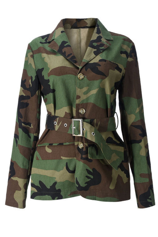 Belted Camo Button-Up Jacket Lavish Daily