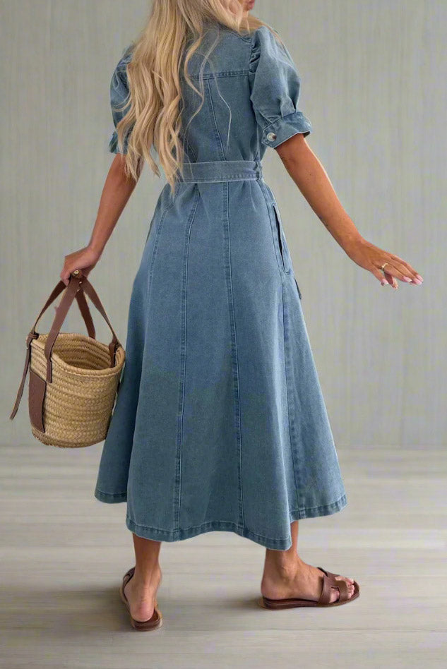 Button Front Belted Denim Midi Dress Lavish Daily
