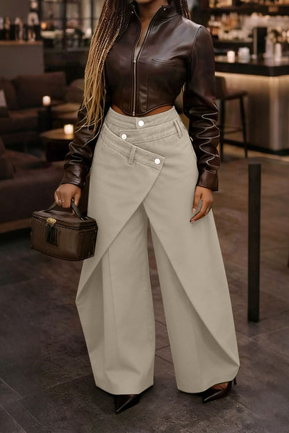 High-Waist Asymmetric Wrap Wide Leg Pants Lavish Daily