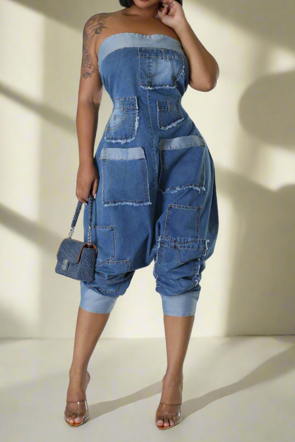 Denim Patchwork Bandeau Jumpsuit Lavish Daily