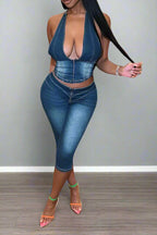 Off-Shoulder Tie Denim Shorts Set Lavish Daily