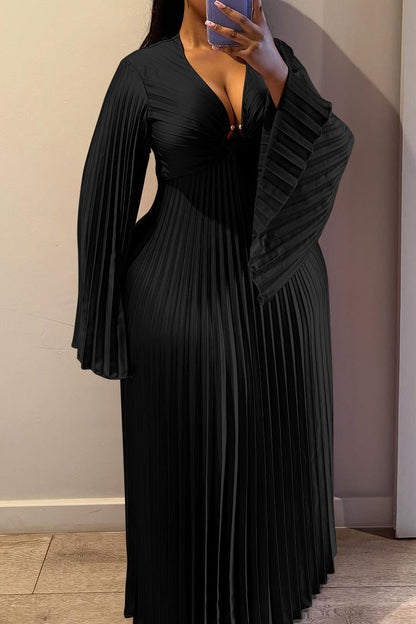 Plus Size V-Neck Pleated Flare Sleeve Maxi Dress Lavish Daily