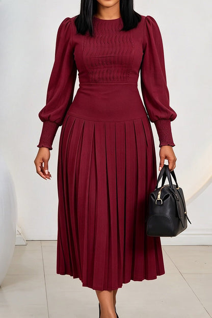 Smocked Puff Sleeve Pleated Midi Dress Lavish Daily