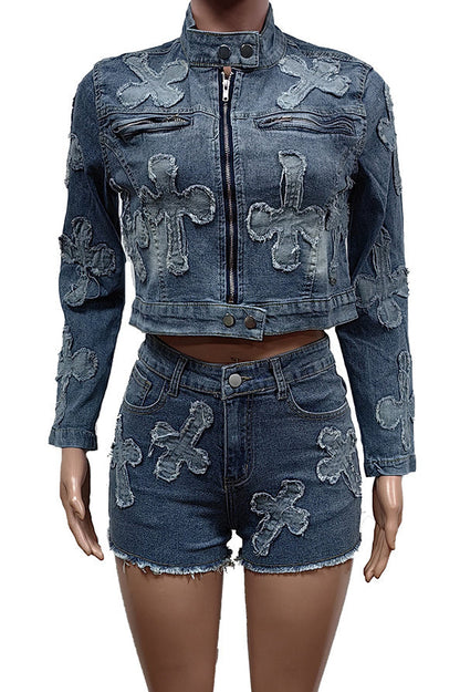 Long Sleeve Denim Short Set Lavish Daily