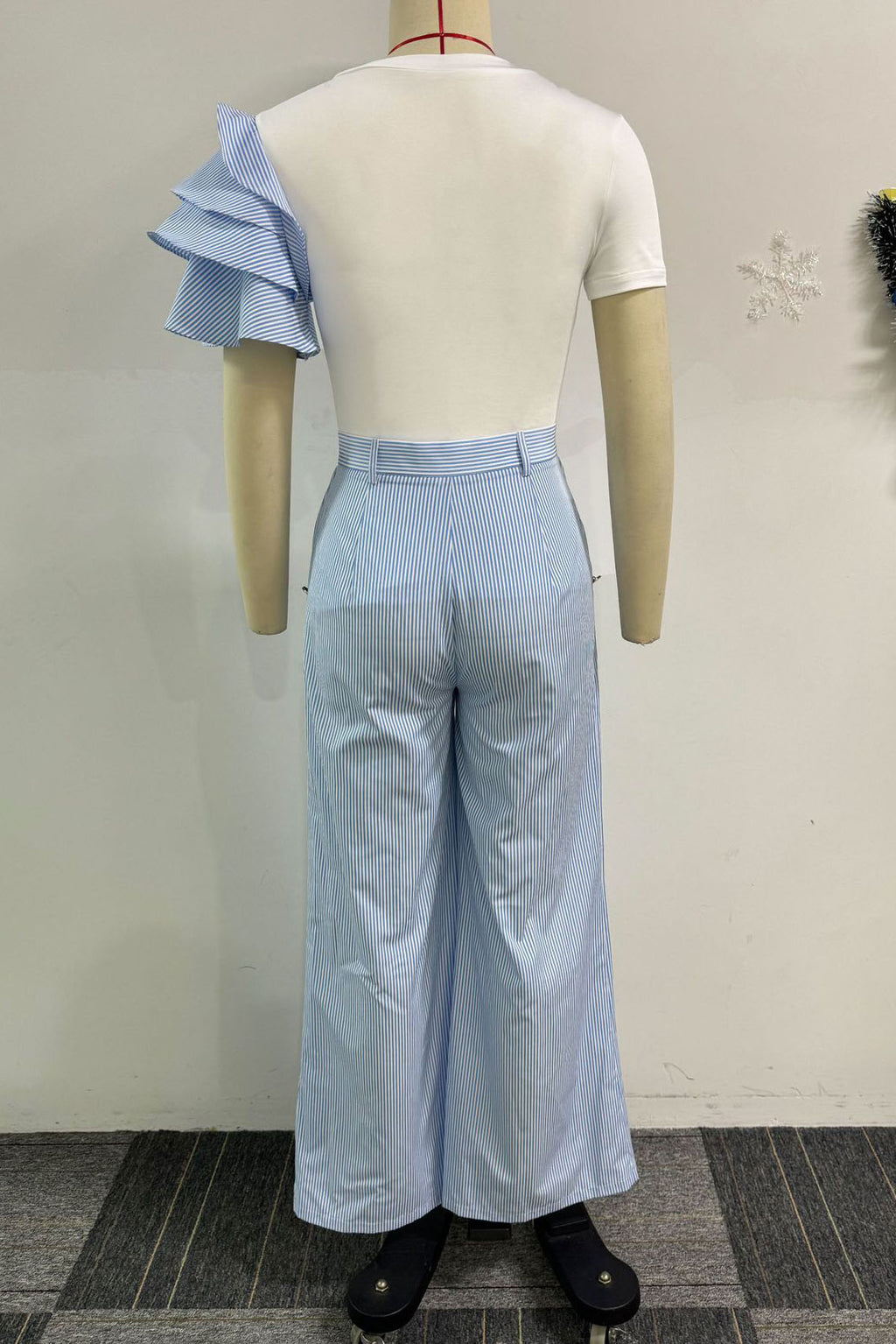 Single Ruffle Sleeve T-Shirt Striped Pants Set Lavish Daily
