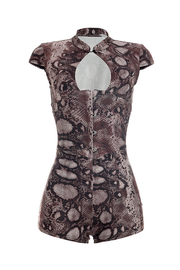 Snake Print Button-Front Bodycon Romper Lavish Daily