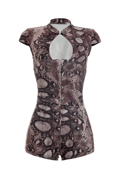 Snake Print Button-Front Bodycon Romper Lavish Daily