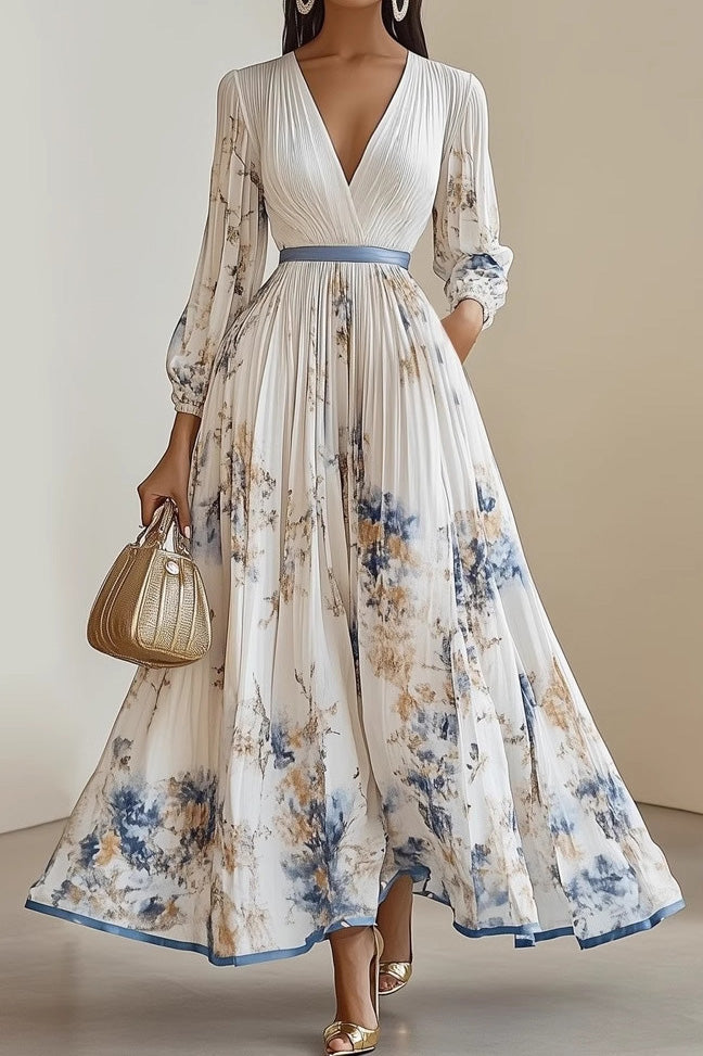 V Neck Floral Long Sleeve A Line Maxi Dress LavishDaily