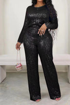 Sequin Round Neck Long Sleeve Top and Pants Set Lavish Daily