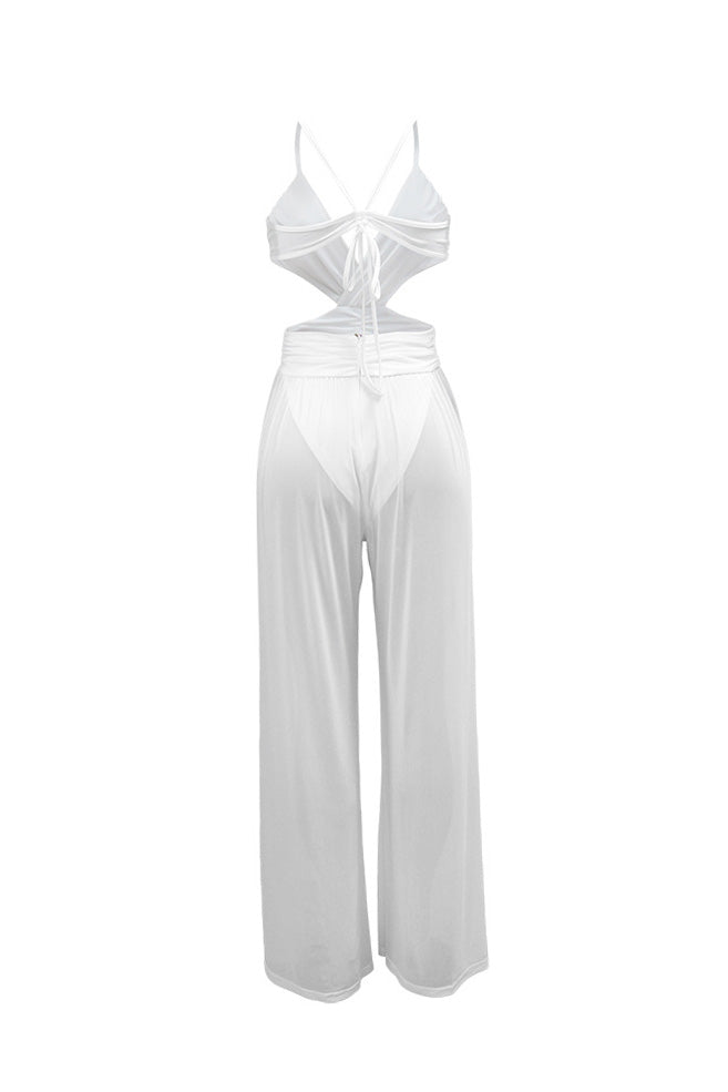 V-Neck Backless Sheer Jumpsuit Lavish Daily