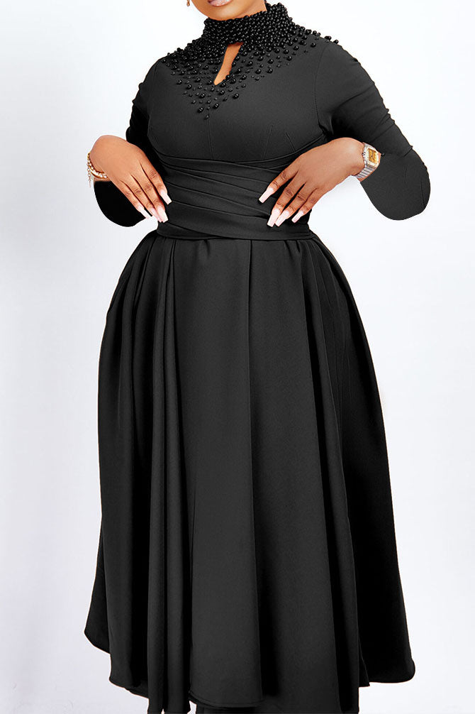 High Collar Elegant Beaded Large Swing Dress Lavish Daily