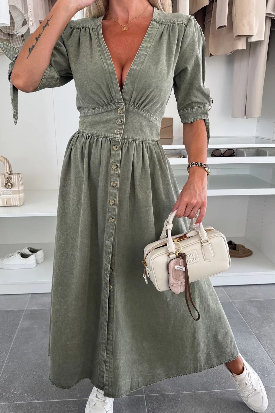Single-Breasted V-Neck Denim Dress Lavish Daily