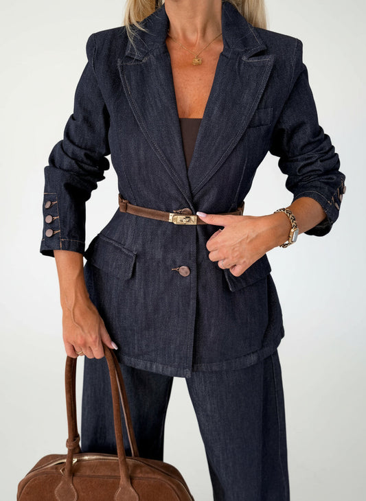 Single-Breasted Tailored Denim Blazer Lavish Daily