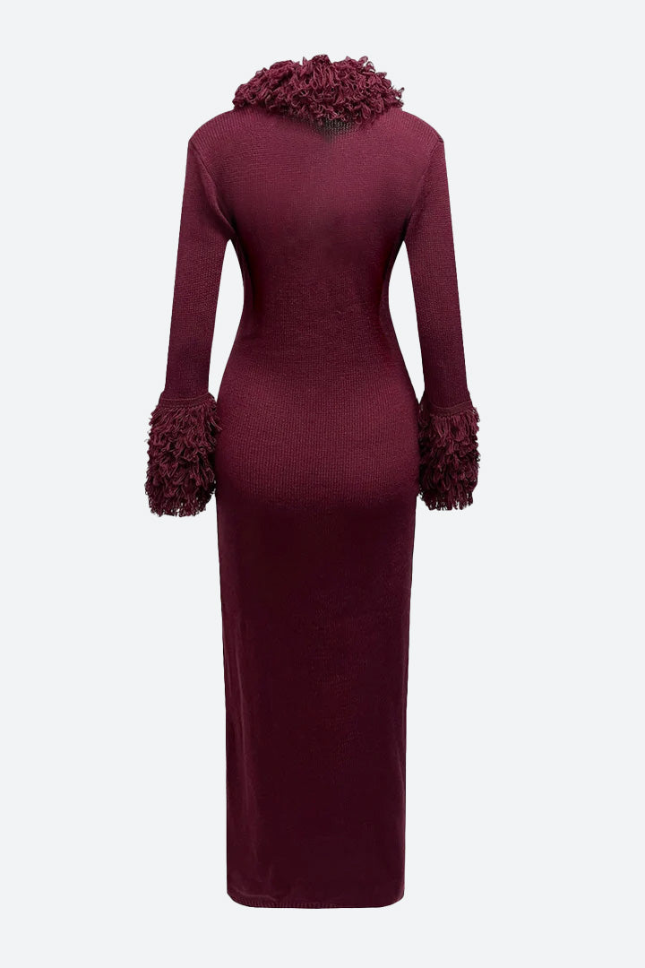 Knit Fringe Deep V Long Sleeve Dress Lavish Daily