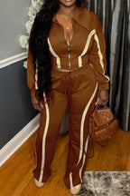 Striped Patchwork Zip-Up Top & Wide Leg Pants Set Lavish Daily