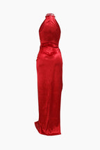 Rhinestone Sleeveless High Neck Slit Maxi Dresses Lavish Daily