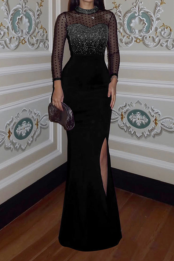 Rhinestone Mesh Sleeve Mermaid Maxi Dress Lavish Daily
