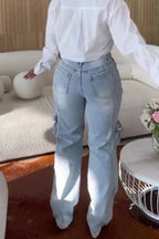 Rhinestone Embellished Denim Cargo Pants Lavish Daily