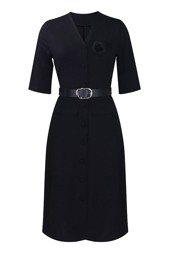 V-Neck Button Front Solid Color Midi Dress Lavish Daily