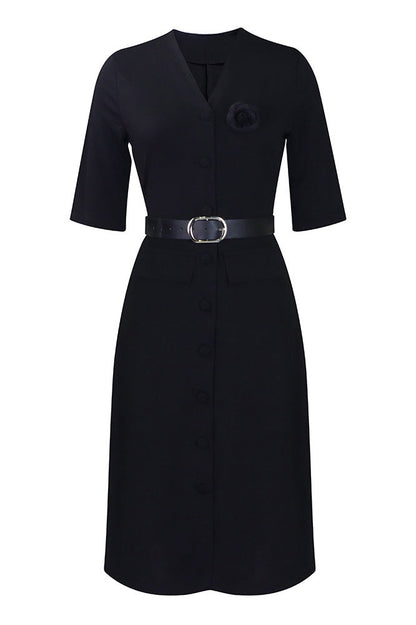 V-Neck Button Front Solid Color Midi Dress Lavish Daily