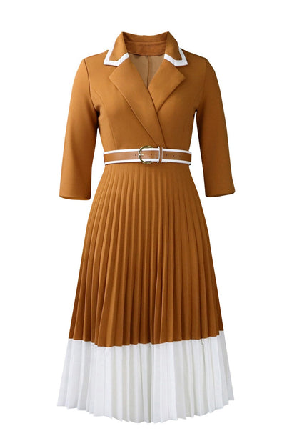 Elegant Lapel Belted Pleated Midi Dress Lavish Daily