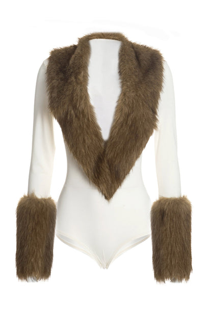 Plush-Trim Deep V Long-Sleeve Bodysuit Lavish Daily
