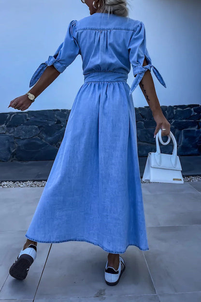 Single-Breasted V-Neck Denim Dress Lavish Daily