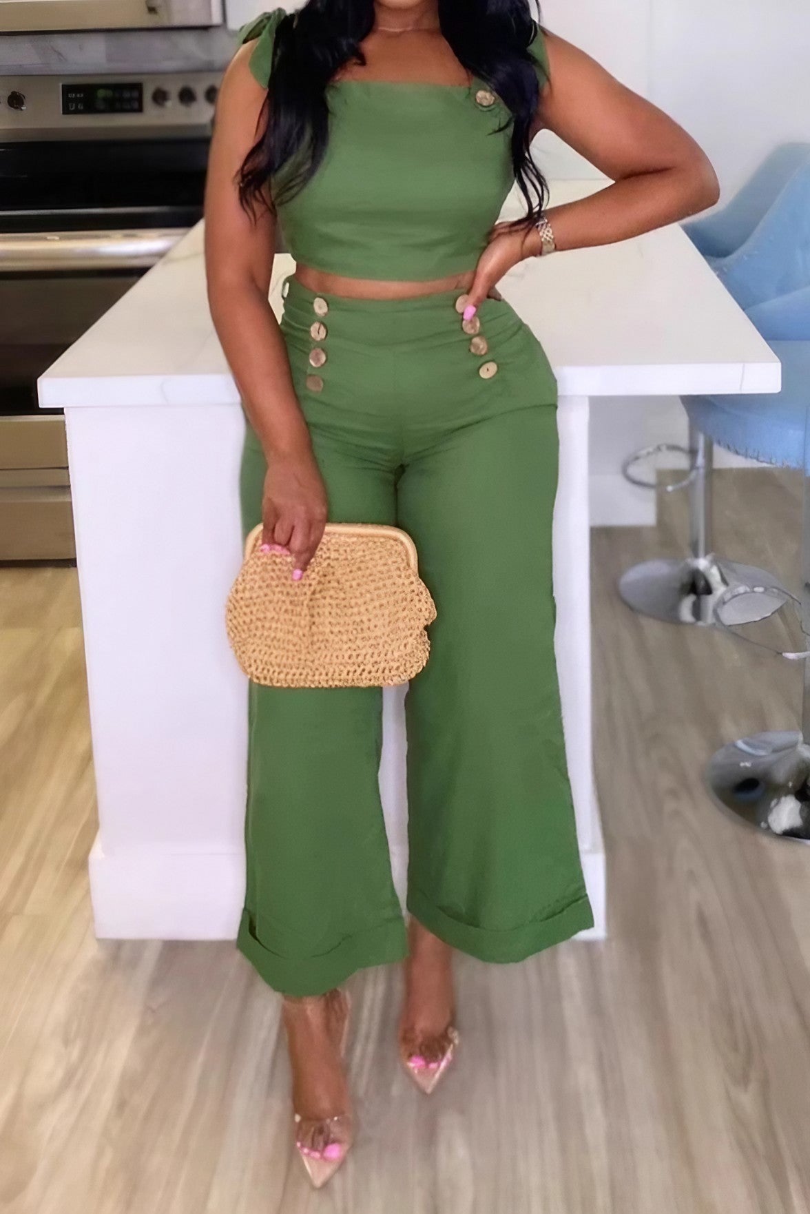 Ruched Tie-Strap Top & Wide Leg Pants Set Lavish Daily