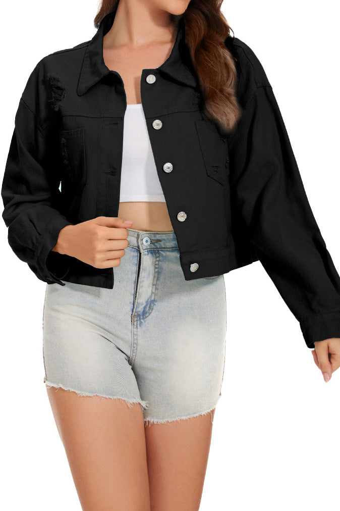 Distressed Button-Up Cropped Denim Jacket Lavish Daily