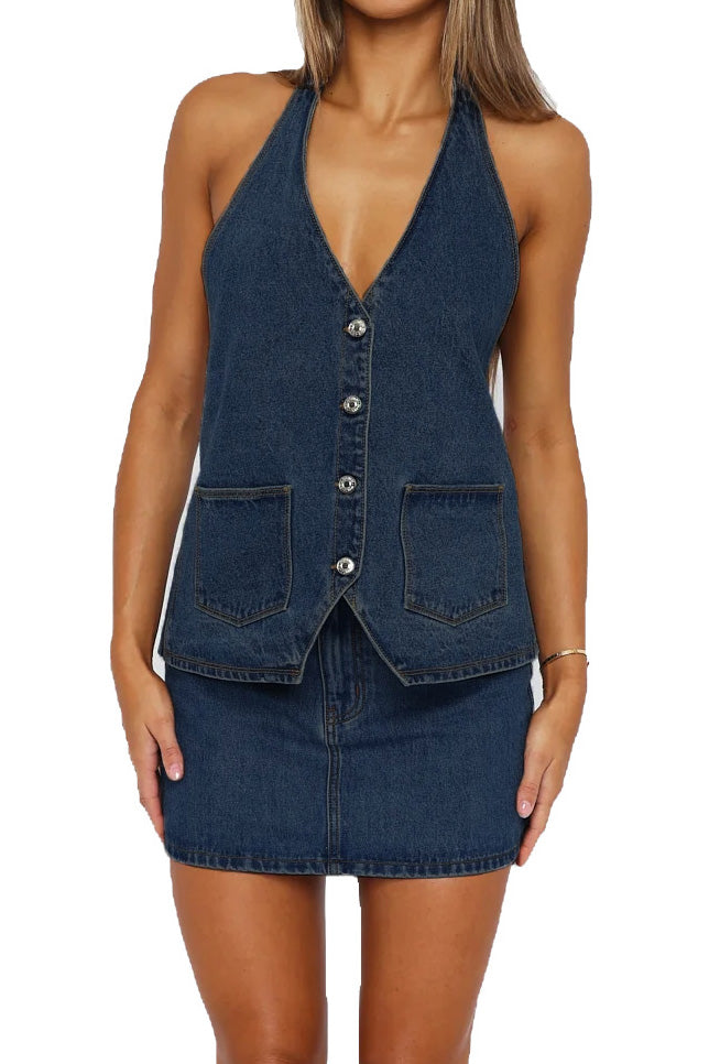 Buttoned Halter Neck Denim Long Top Lavish Daily