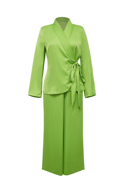 Plunging Wrap Tie Top & Wide Leg Pant Set Lavish Daily