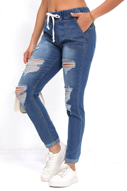 Drawstring Waist Ripped Roll Up Hem Skinny Jeans Lavish Daily