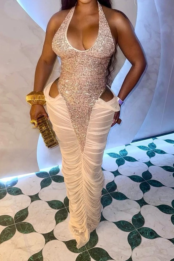 Sequin Halter Slit Mesh Pleated Maxi Dress Lavish Daily