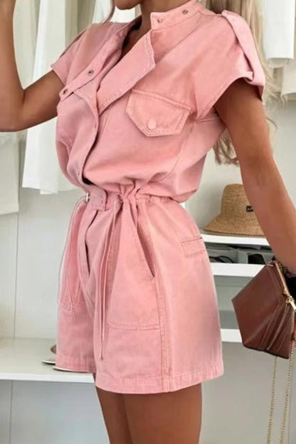 Cap Sleeve Drawstring Denim Utility Romper Lavish Daily