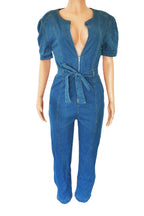 Puff Sleeve Belted Slim Denim Jumpsuit Lavish Daily
