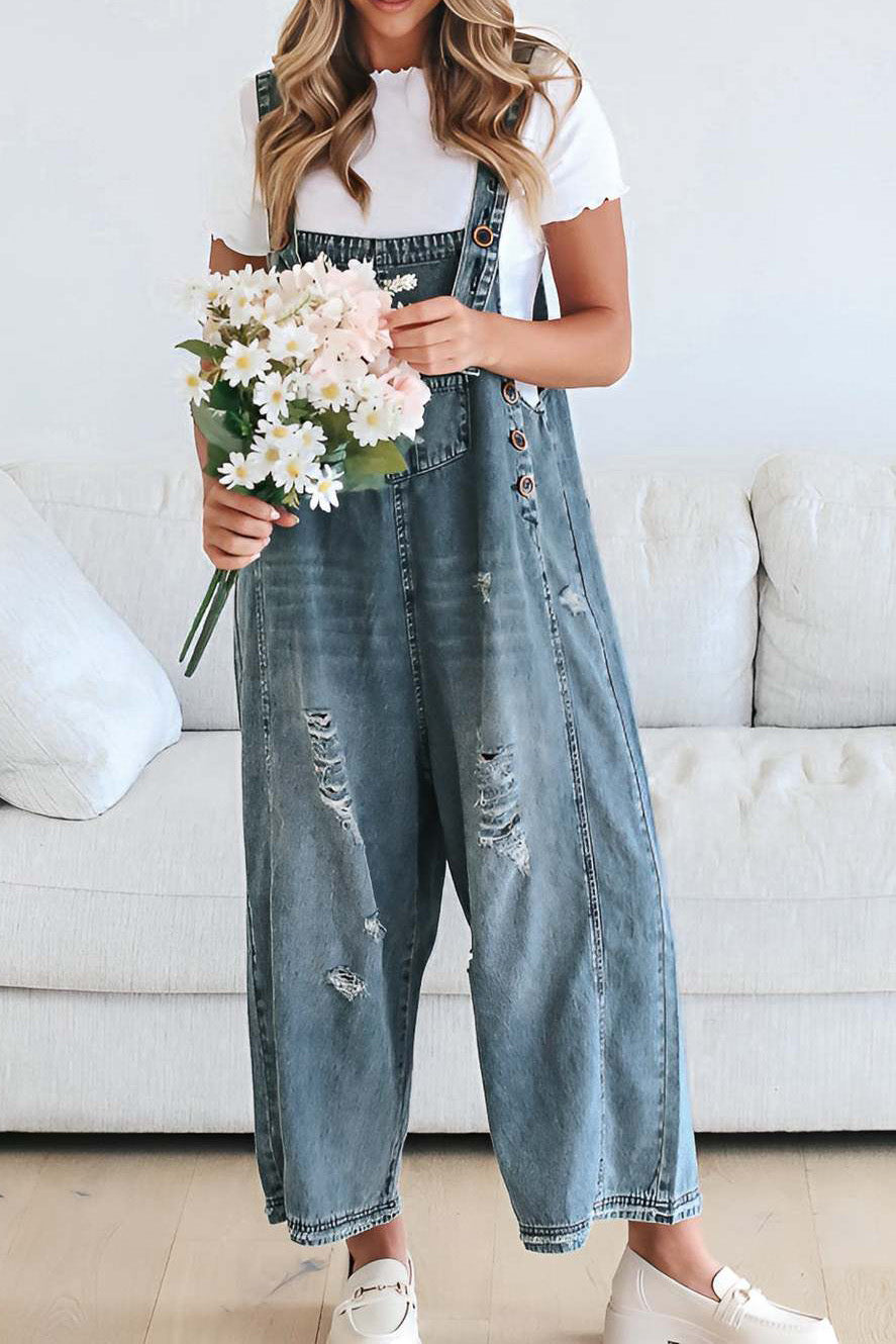 Loose Fit Distressed Denim Overalls Lavish Daily