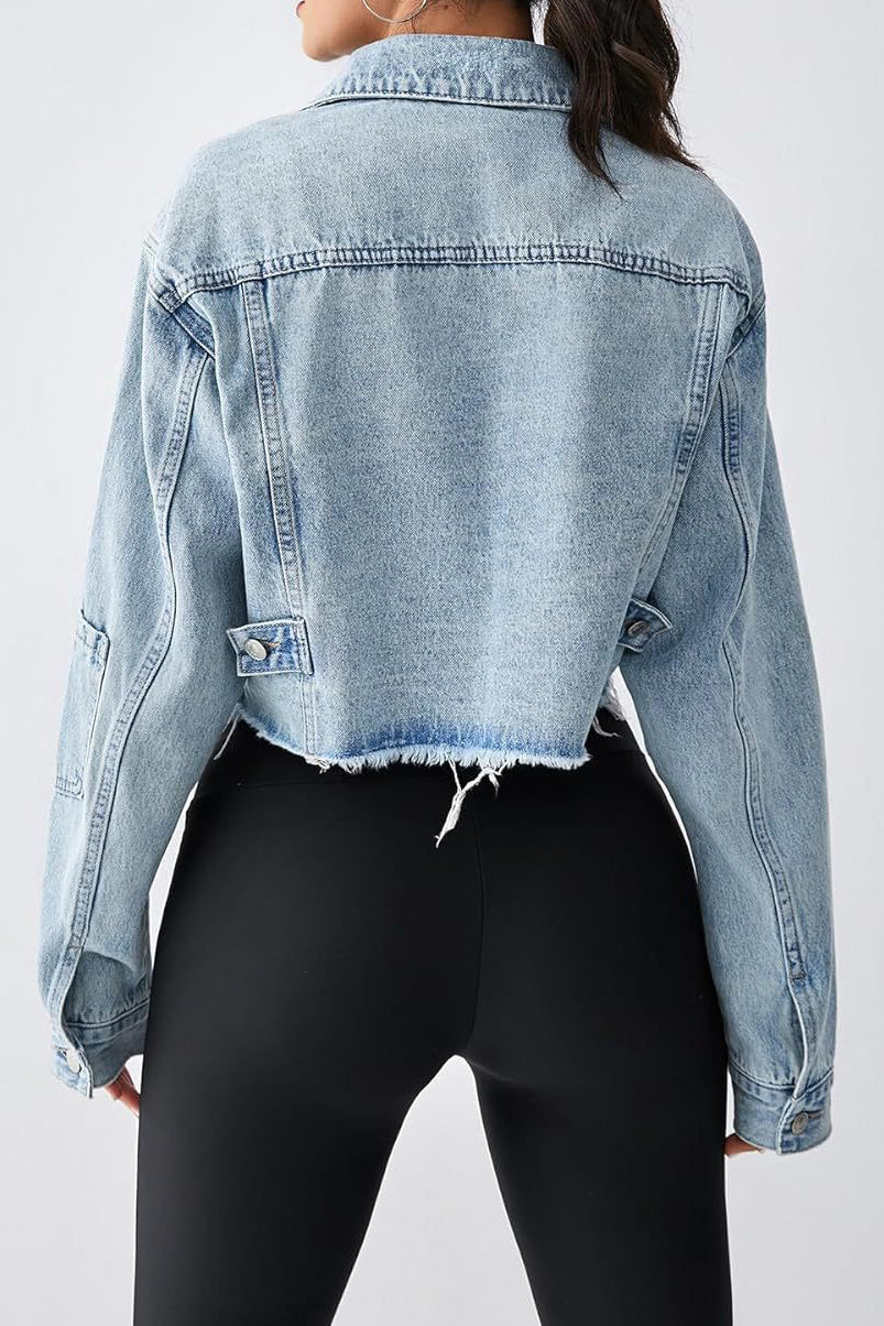 Long Sleeve Cropped Loose Denim Jacket Lavish Daily