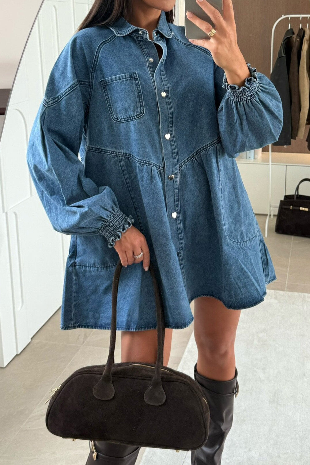Heart Button Denim Babydoll Dress Lavish Daily
